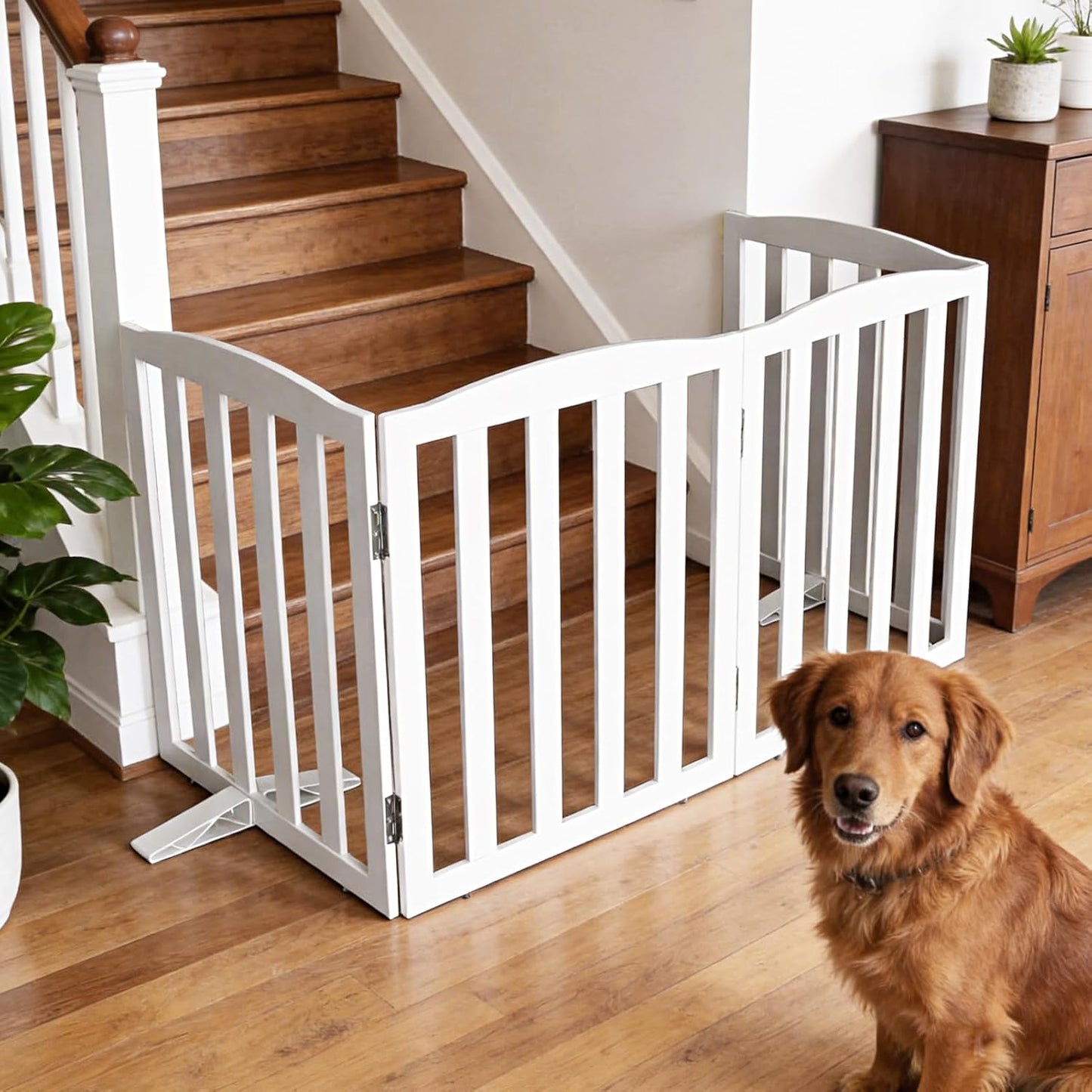 Freestanding Dog Gate Indoor,Doggie Gate Foldable Dog Gates for Doorways,Stairs or Hallways, Wooden White Pet Gate for the House, Pet Fence with Support Feet Included,24 "Height-4 Panels
