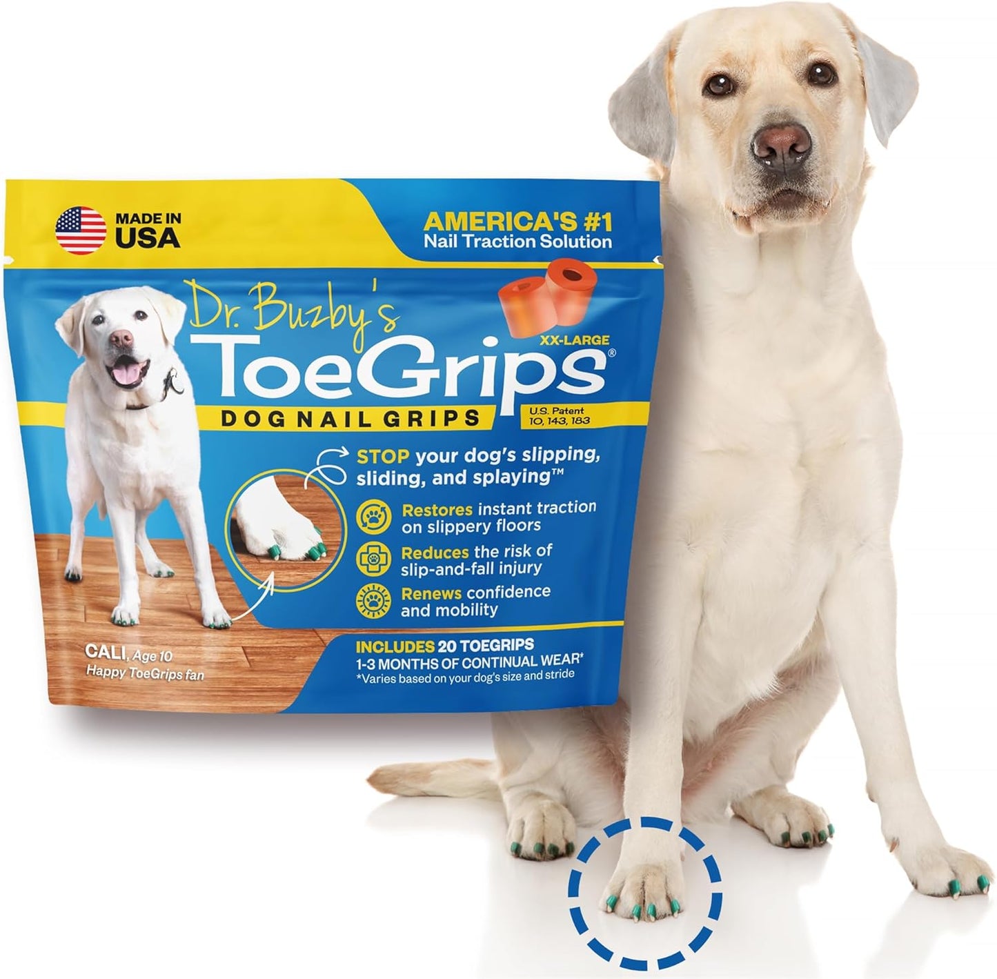 Dr Buzby's Large ToeGrips for Dogs - Instant Traction on Wood/Hardwood Floors - Anti Slip Relief - Grippers for Senior Dogs - Stop Sliding Instantly - Rubber Nails for Paws - 1 Pack (20 Grips)