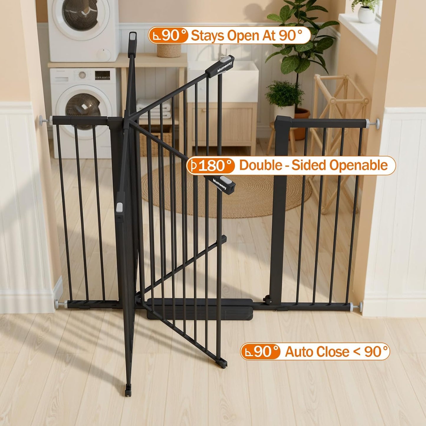Mumeasy Baby Gate Extra Wide, 29.7-51'' Pressure Mounted Dog Gate with Walk Thru Door, Auto Close Pet Gate for House, Stairs, Doorways,Black
