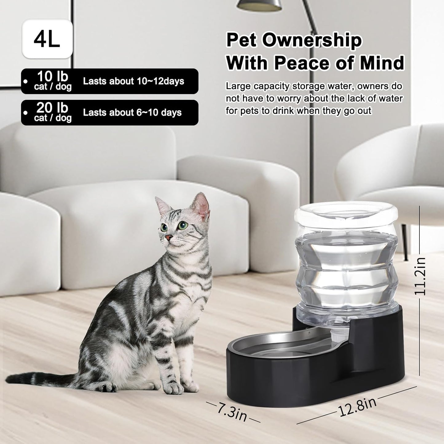 RIZZARI 8L Elevated Pet Water Dispenser – Stainless Steel Gravity Waterer with Auto-Refill Design for Medium and Large Dogs & Senior Pets -Comfortable Drinking Height for Living Rooms,Multi-Pet Homes
