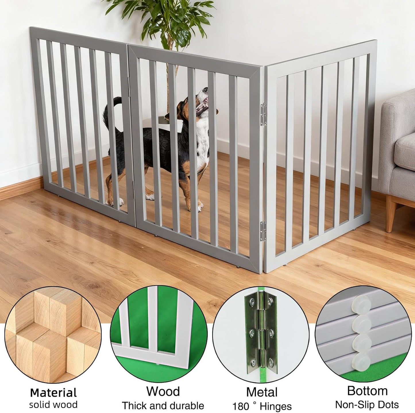 ZJSF Freestanding Indoor Dog Gate for House Foldable Wood Brown Puppy Gate for Doorways Pet Gate for Stairs Extra Wide Pet Fence 24" Height 2 Panels