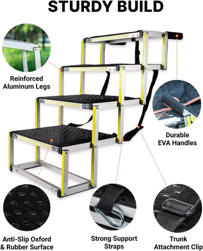 Owleys Dog Stairs for Large Dogs and Small - Glow in The Dark Marking - Car Ramps for Large Dogs up to 180 lbs - Non-Slip Surface - Foldable Dog Ramp for All Cars 4 Steps