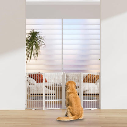 SNUOWU Full Metal Freestanding Dog Gate with Door, 32''Height Foldable Pet Dog Fence for Indoor & Outdoor, 4 Panels Extra Wide Free Standing TallDog Gates for Doorways,House,Stairs,Porch,Deck,Yard