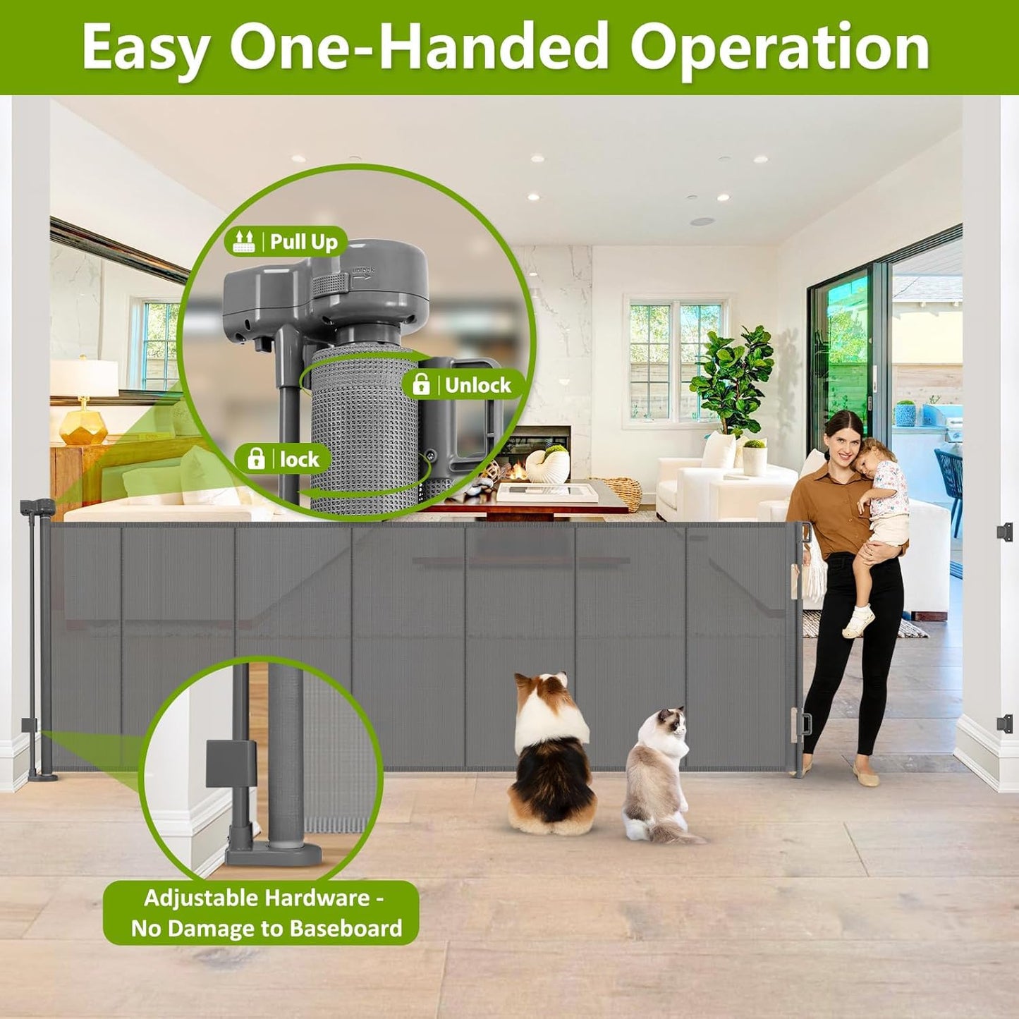 Reinforced 42" Tall Retractable Dog Gate, 155" Extra Long Retractable Baby Gate with Support Rods - Prevent Crawling Under, Indoor/Outdoor Retractable Gate Extra Tall Baby Gate Retractable Fence/Black