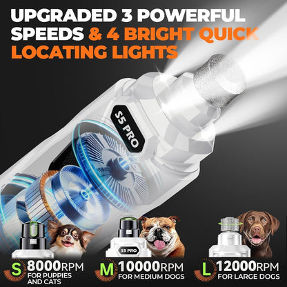Whisper Quiet Dog Nail Grinder with 4 LED Lights, Safe & Stress-Free for Sensitive Dogs Cats of All Breeds & Sizes, 3 Grinding Bits, 3-Speed, Pet Nail Trimmers, Rechargeable Painless Grooming Kit