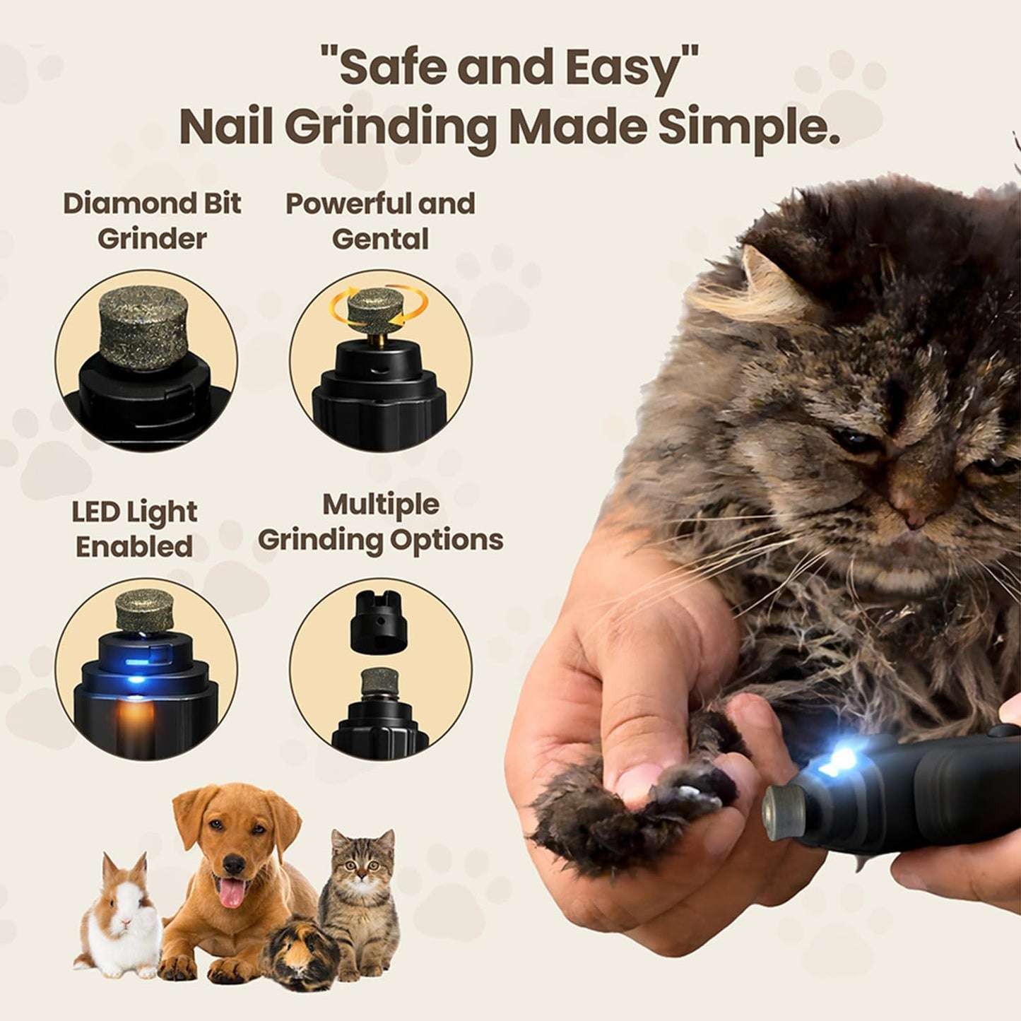 2-in-1 Dog Nail Clippers & Cat Nail Clipper with 2 LED Lights, USB Rechargeable with Safety Guard, Low Noise Grooming Tool for Small, Medium, and Large Dog & Cat Nail Trimmer(White)