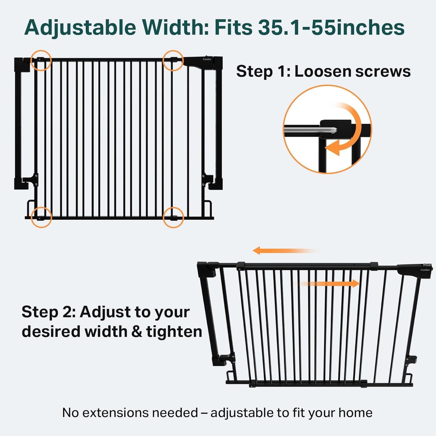 Cumbor 29.2–43" Baby Gate for Stairs, Hardware Mounted (Drill Required), Expandable No Bottom Bar Dog Gate, Auto Close Extra Wide Walk Thru, Pet & Toddler Proof Gate, Top & Bottom of Stairways(Black)