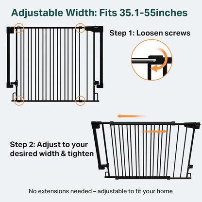 Cumbor 29.2–43" Baby Gate for Stairs, Hardware Mounted (Drill Required), Expandable No Bottom Bar Dog Gate, Auto Close Extra Wide Walk Thru, Pet & Toddler Proof Gate, Top & Bottom of Stairways(Black)