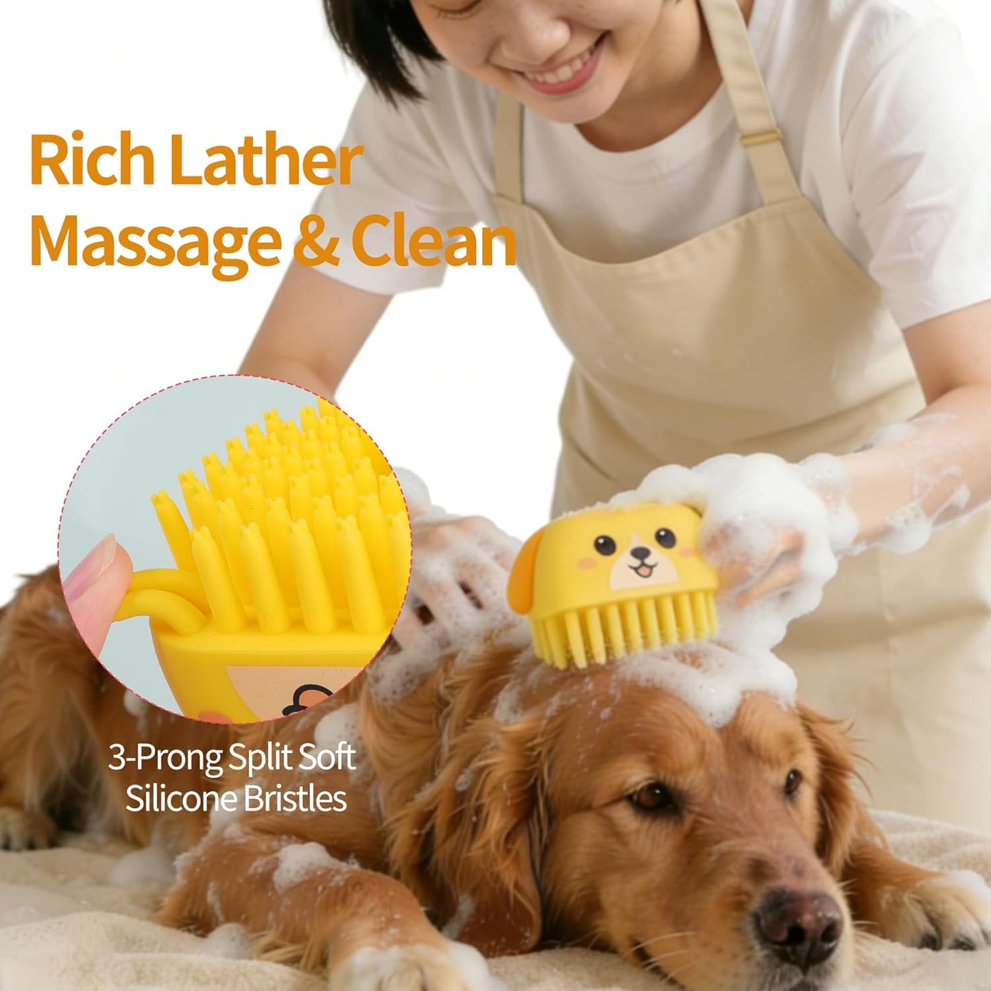 3PCS Pet Grooming Kit – Dog Bath Brush with Soap Dispenser & 2 Finger Toothbrushes | Silicone Dog Shampoo Brush for Small Medium Large Dogs, Soft Deshedding Massage Brush for Puppy & Cats