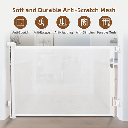 Retractable Baby Gate, 55 in Wide x 33 in Tall Mesh Dog Gate, Hardware Mounted Safety Gate with Double Lock for Doorways, Hallways, Indoor Outdoor, White