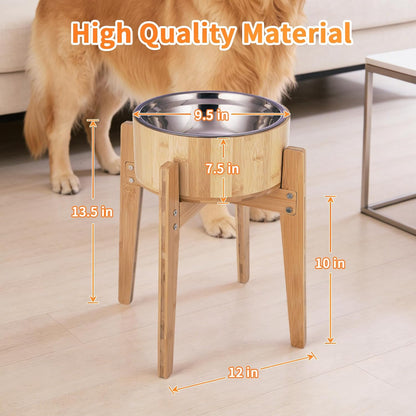 Elevated Dog Bowls for Large Dogs Feeder Two Bowls with a Stainless Steel and Bamboo Dishes，Raised Dog Bowl Stand with Non-Slip Feet，Ideal for Medium and Large Breeds， (13.5-inch High)