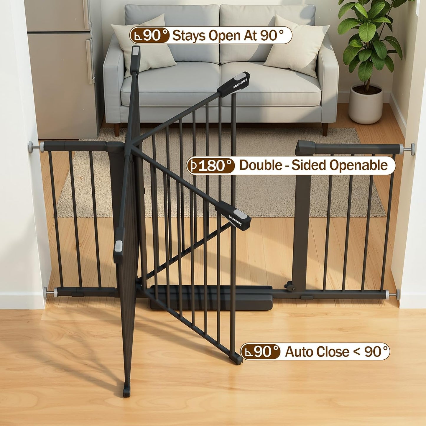 Mumeasy Baby Gate Extra Wide, 29.7-51'' Pressure Mounted Dog Gate with Walk Thru Door, Auto Close Pet Gate for House, Stairs, Doorways,Black