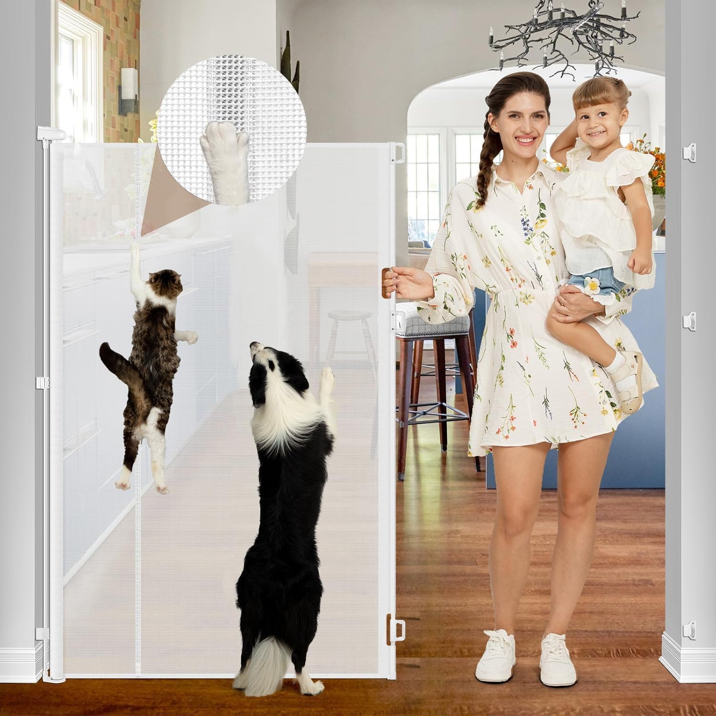 Reinforced 55" Extra Tall Pet Gate for Doorway - No Jumping Over, 55" Wide Retractable Baby Gates with Support Rods - No Crawling Under, Climb Proof Cat Gate for Stairs Tall Retractable Dog Gate/Black