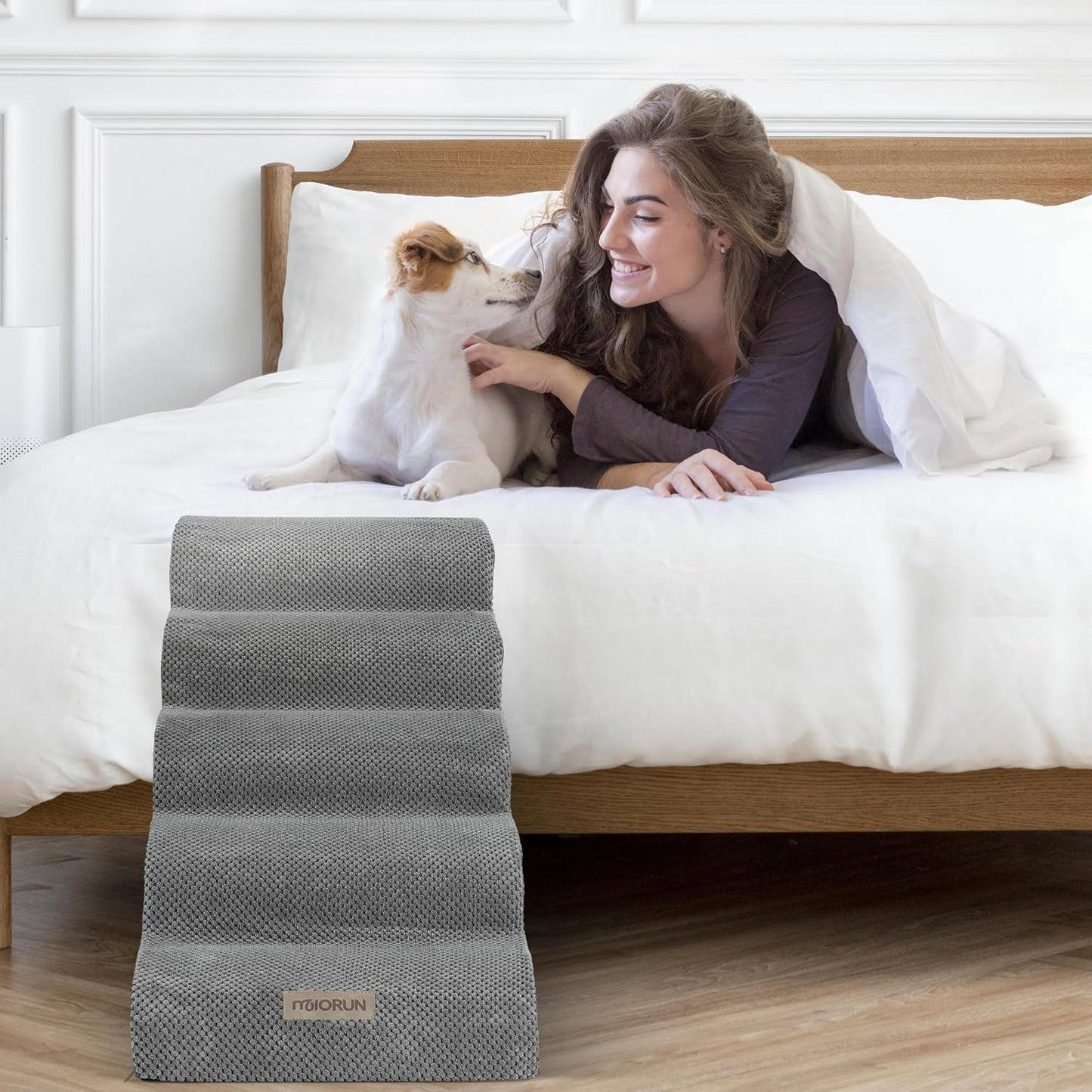 Dog Stairs for High Beds Up to 30", Extra-Tall 5-Step Dog Steps for Bed, 24.5" Tall Foam Pet Stairs for Small & Medium Dogs, Gentle Slope Cat Ramp for Bed with Washable Cover