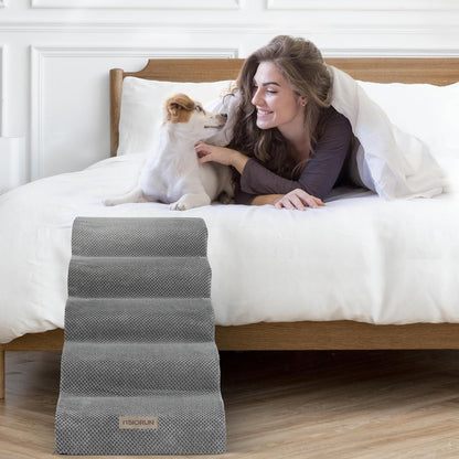 Dog Stairs for High Beds Up to 30", Extra-Tall 5-Step Dog Steps for Bed, 24.5" Tall Foam Pet Stairs for Small & Medium Dogs, Gentle Slope Cat Ramp for Bed with Washable Cover