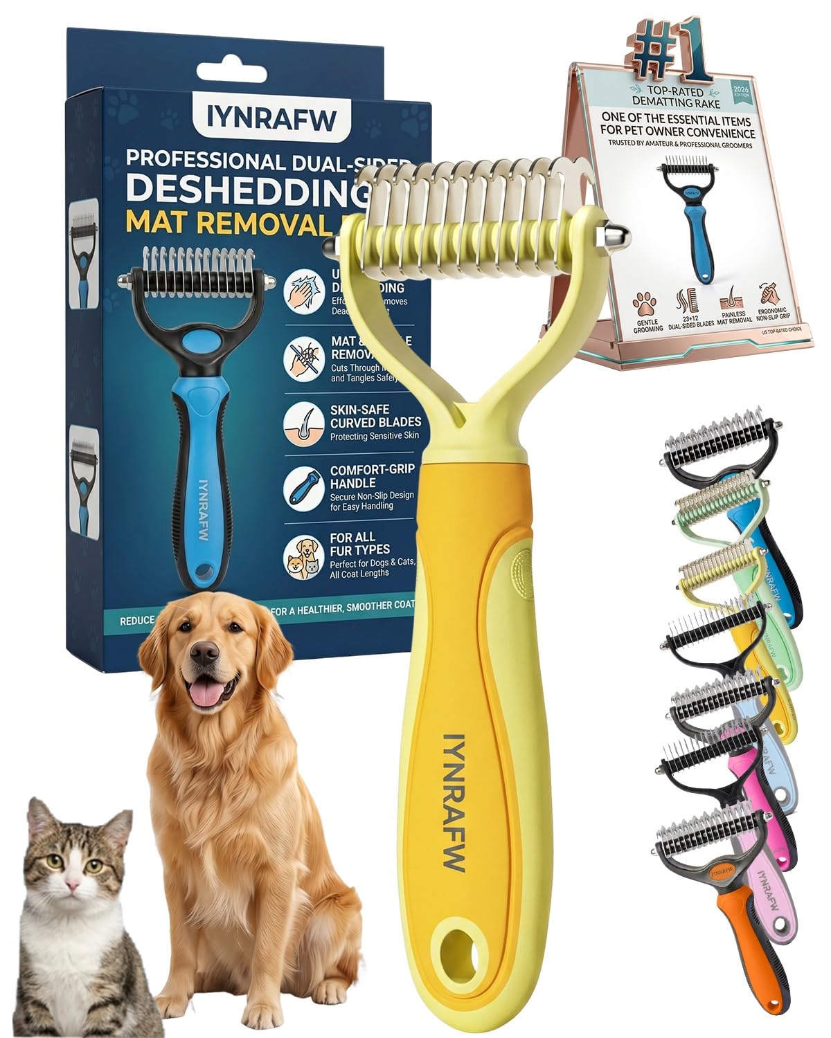 Pet Pro Grooming Tool Dual Tooth Pet Grooming Comb Undercoat Rake for Dogs Cats Long Hair Deshedding Tool Dematting Brush Double Sided Stainless Steel Teeth Remover Mats Tangles Loose Fur