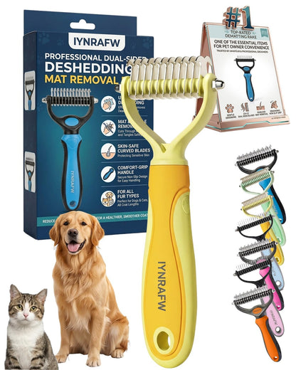Pet Pro Grooming Tool Dual Tooth Pet Grooming Comb Undercoat Rake for Dogs Cats Long Hair Deshedding Tool Dematting Brush Double Sided Stainless Steel Teeth Remover Mats Tangles Loose Fur