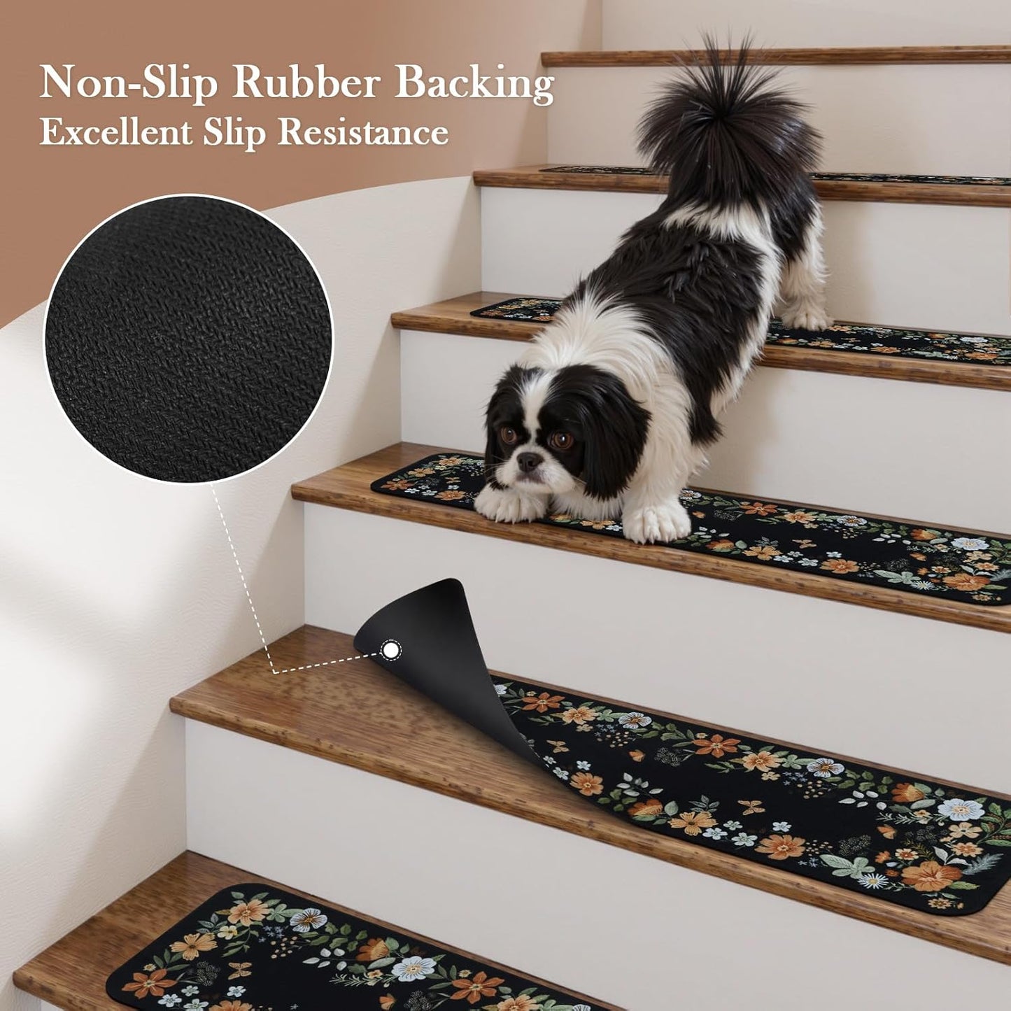 OJIA Floral Stair Treads Non-Slip Carpet Stair Treads for Wooden Steps Indoor 15PCS 30"x8" Stair Runner Stair Mats Staircase Step Treads for Kids, Elders and Dogs, Stair Covers, Black