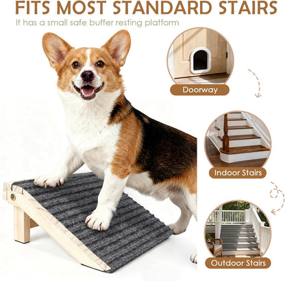 2-Pack Foldable Dog Ramp for Stairs – Lightweight Safe Wooden Pet Steps with Low-Angled Design & Anti-Slip Carpet Surface, Portable Dog Stairs to Assist Elderly/Injured Small Medium Large Dogs