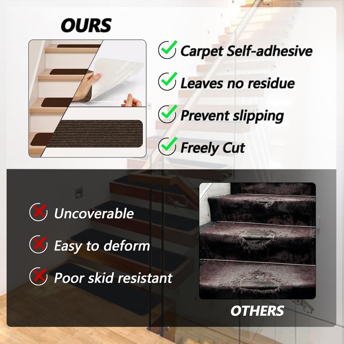 Stair Treads for Wooden Steps Carpet, Non-Slip Stair Runner Indoor Outdoor Stair Tread Mats Covers Pads, 19" x 31"Matching Landing Step Runner for Elders, Kids and Dogs (19" x 31", Black)