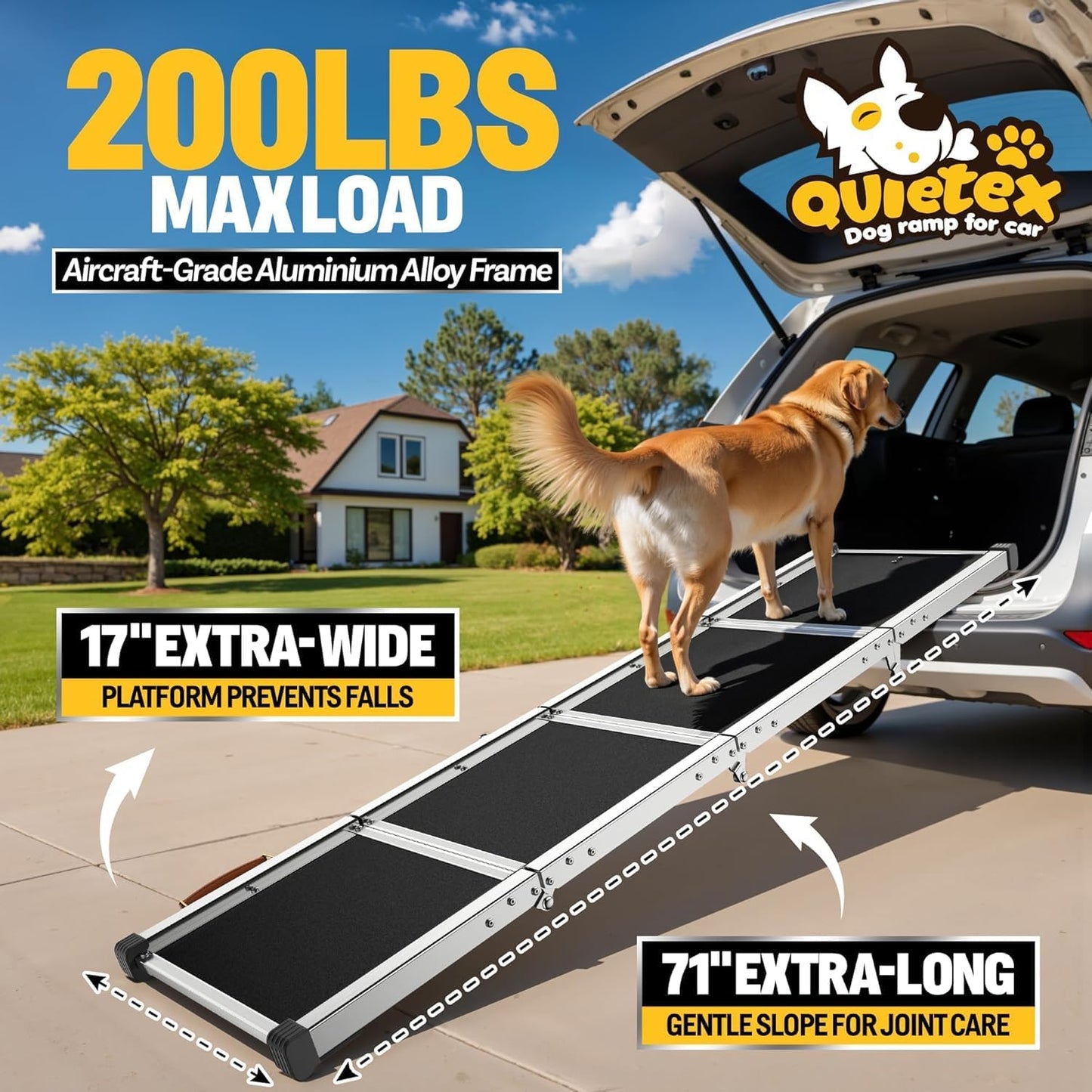Extra Long 71”Dog Ramp Folding Pet Ramp for Car Large Dogs with Non-Slip Surface Dog Ramps up to 200 lb for Car SUV Truck (71“ Dog Ramp)