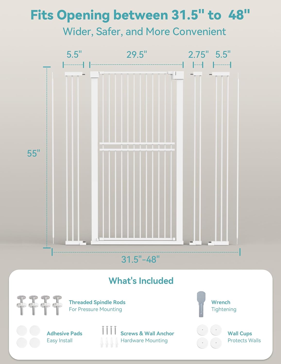 No Pawblems 55" Extra Tall Pet Gate for Cat/Dog, 29-40" Wide Auto Close Tall Dog Gate for Doorways/Hallways, 1.37" Ultra Narrow Spacing, NO Drilling Pressure Mounted, Black