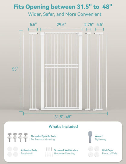 No Pawblems 55" Extra Tall Pet Gate for Cat/Dog, 29-40" Wide Auto Close Tall Dog Gate for Doorways/Hallways, 1.37" Ultra Narrow Spacing, NO Drilling Pressure Mounted, Black