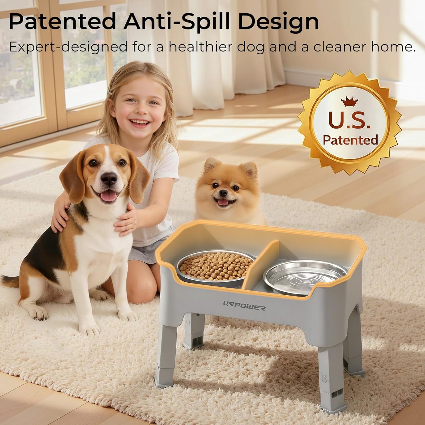 URPOWER 3-in-1 Elevated Dog Bowls - Mess Proof Double Deck 4 Height Adjustable Raised Stand with 2 Stainless Steel Food Bowls & Licking Plate for Small, Medium & Large Dogs