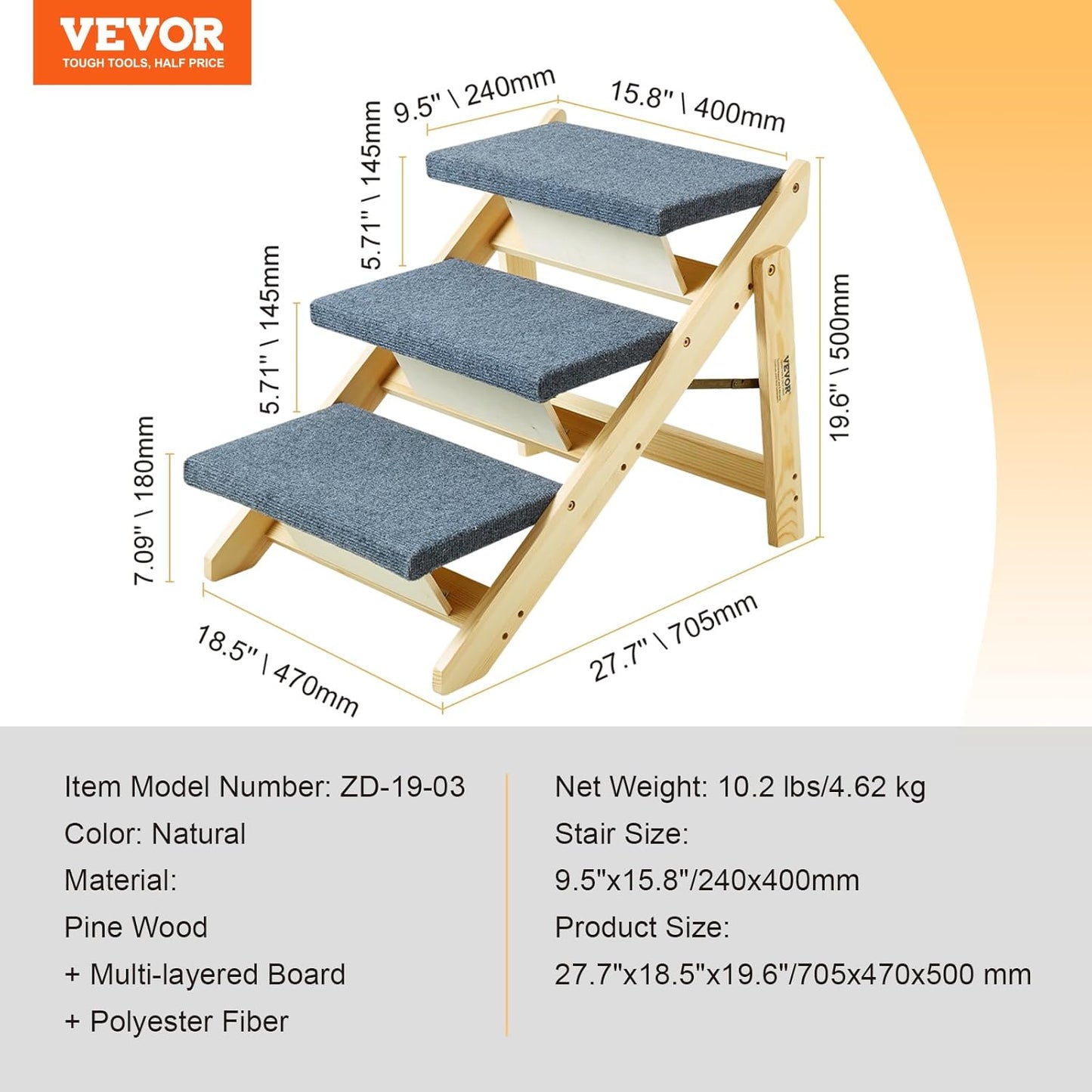 VEVOR Wood Pet Stairs, 2-Step Dog Stairs for Beds, Sofa & Cars, 110lbs Load Capacity, Floded Flat Design, Stable & Sturdy Cat & Dog Step Ladder for Small Medium Large Older Pet Puppy Essentials