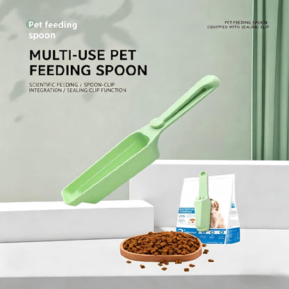 Pet food scoop and bag clip, multi-functional dog and cat food measuring spoon and spatula, capacity 100 grams (3.5 ounces), long-handled food sealing clip, 7.48 x 1.57 inches, green