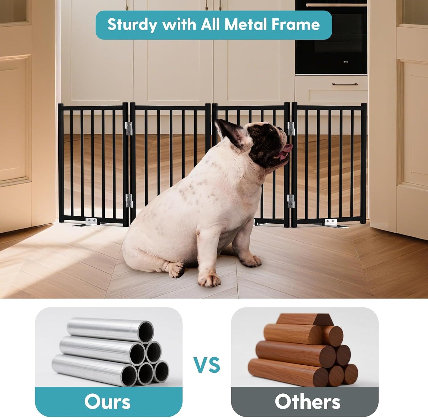 No Pawblems Free Standing Short Dog Gate, 16.5'' Tall Foldable Dog Fence for Indoor & Outdoor, Up to 72 Inch Extra Wide Puppy Gate for Stairs, Hallways, Doorways, Deck, Yard (White, 6 Panels)