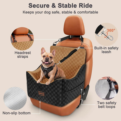 JOEJOY Elevated Dog Car Seat for Small/Medium Dogs up to 35 lbs, Memory Foam Booster Seat with Detachable Washable Cover, Travel-Safe Car Bed with Safety Belts & Storage Pockets, Grey