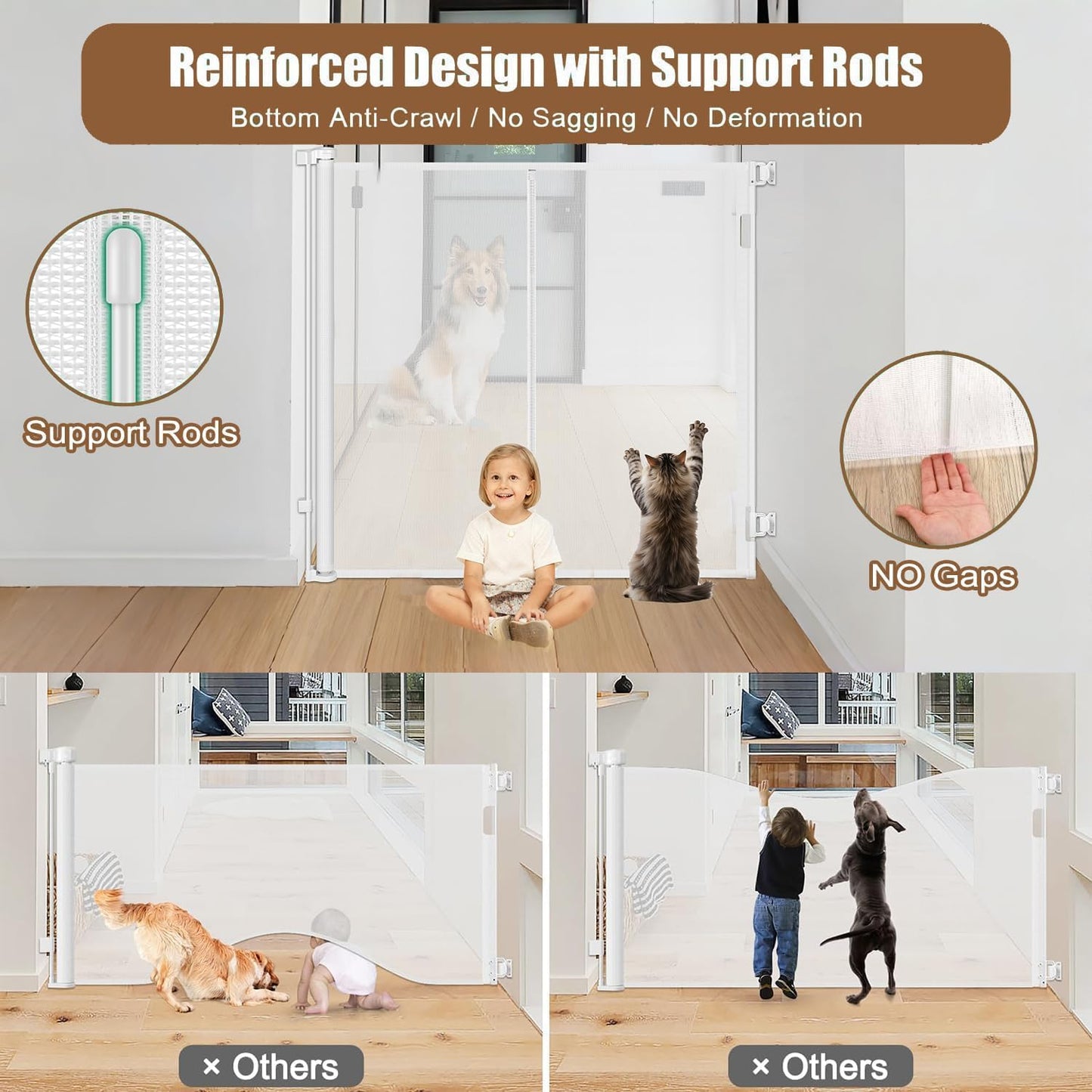 Reinforced 55" Extra Tall Pet Gate for Doorway - No Jumping Over, 55" Wide Retractable Baby Gates with Support Rods - No Crawling Under, Climb Proof Cat Gate for Stairs Tall Retractable Dog Gate/Black
