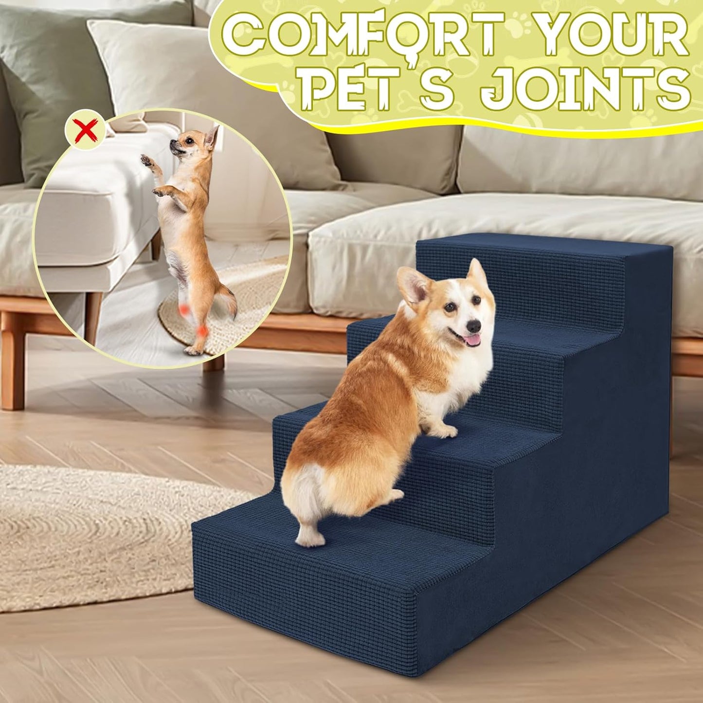 Niubya Dog Stairs for Small Dog and Cats,23”H Non-Slip Bottom Pet Steps for High Beds and Couch,Extra Wide High-Density Foam Pet Stairs Grey,5 Steps