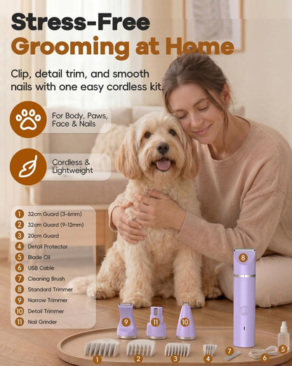 Veeconn Dog Clippers Grooming Kit Hair Clipper-Low Noise Paw Trimmer- Rechargeable - Cordless Quiet Nail Grinder Shaver for Cats and Other Pets