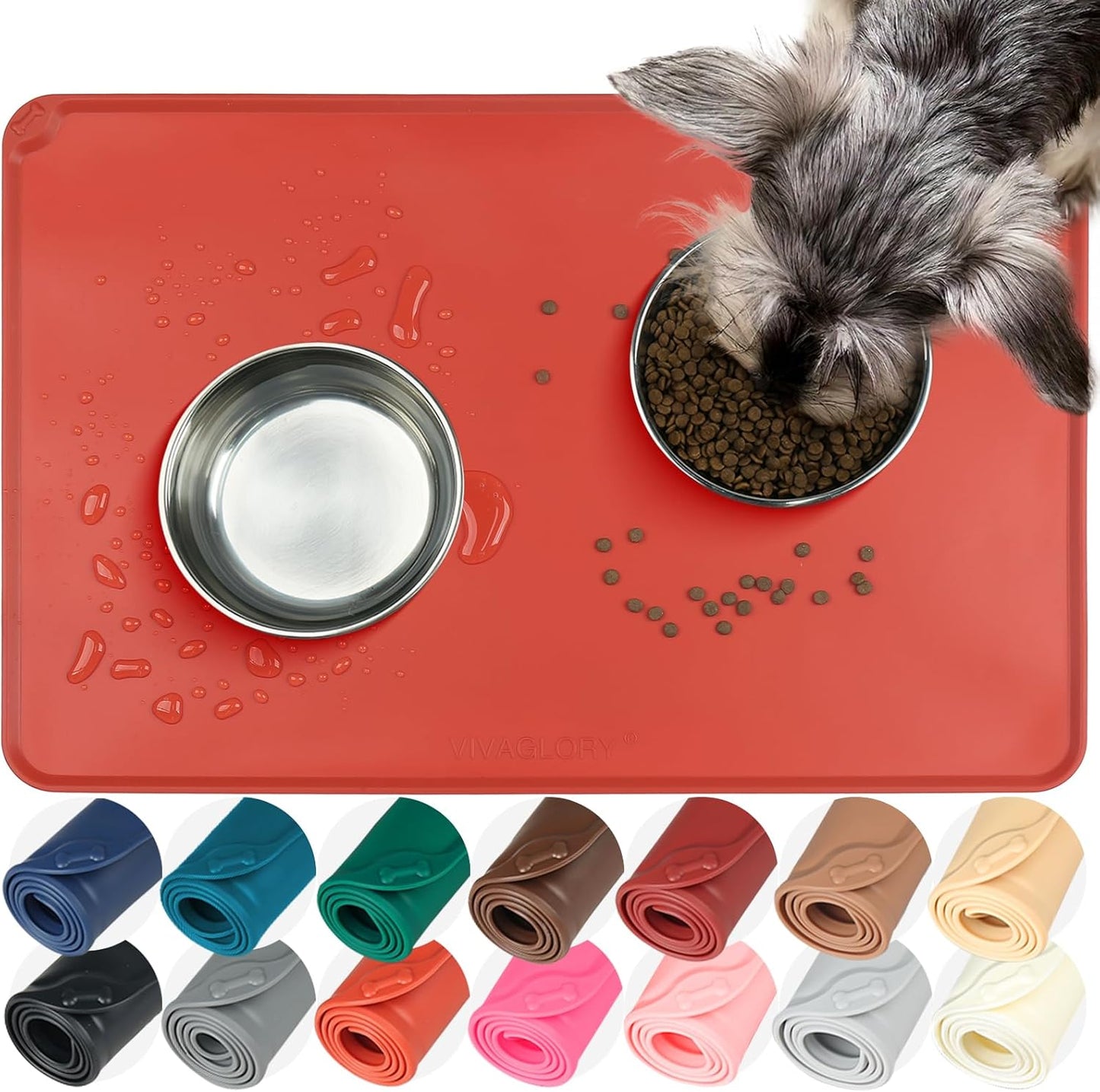VIVAGLORY Dog Food Mat Flexmat Dog Bowl Mat, Placemat Food Tray with Raised Edges & Lip for Indoor Floor, Non Slip Waterproof Silicone Dish Placemat for Cat & Pet, S, Grey