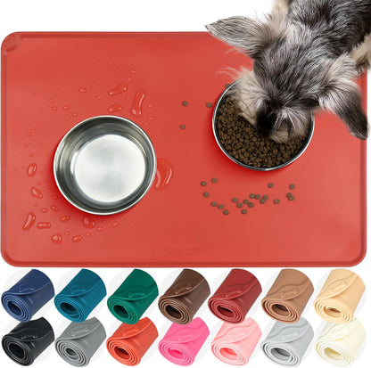 VIVAGLORY Dog Food Mat Flexmat Dog Bowl Mat, Placemat Food Tray with Raised Edges & Lip for Indoor Floor, Non Slip Waterproof Silicone Dish Placemat for Cat & Pet, S, Grey