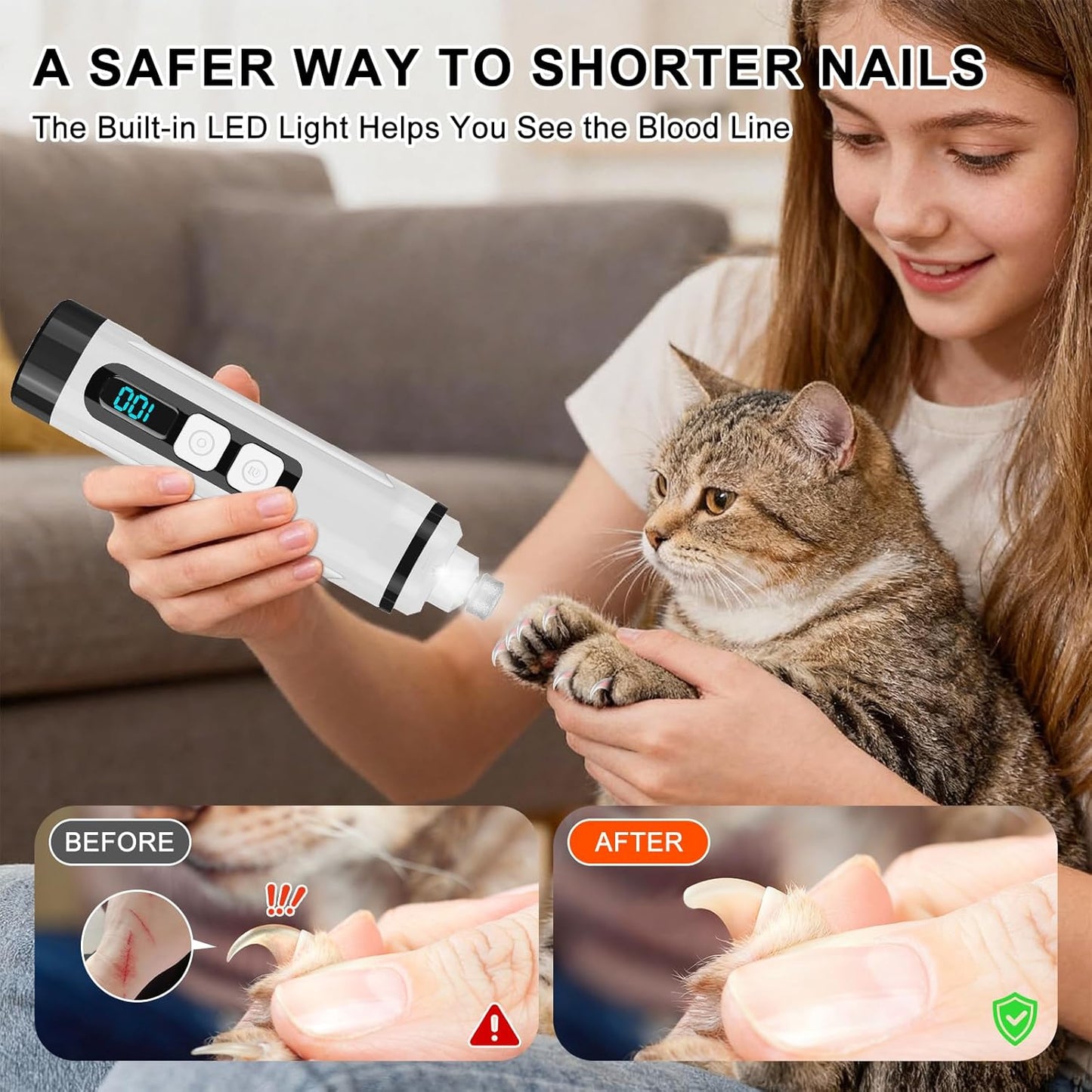 2-in-1 Dog Nail Clippers and Cat Nail Clippers with Light, Quick Sensor and Safety Guard, USB Rechargeable Pet Nail Trimmer with 2 LED Lights for Large Medium Small Dogs and Cats (White)
