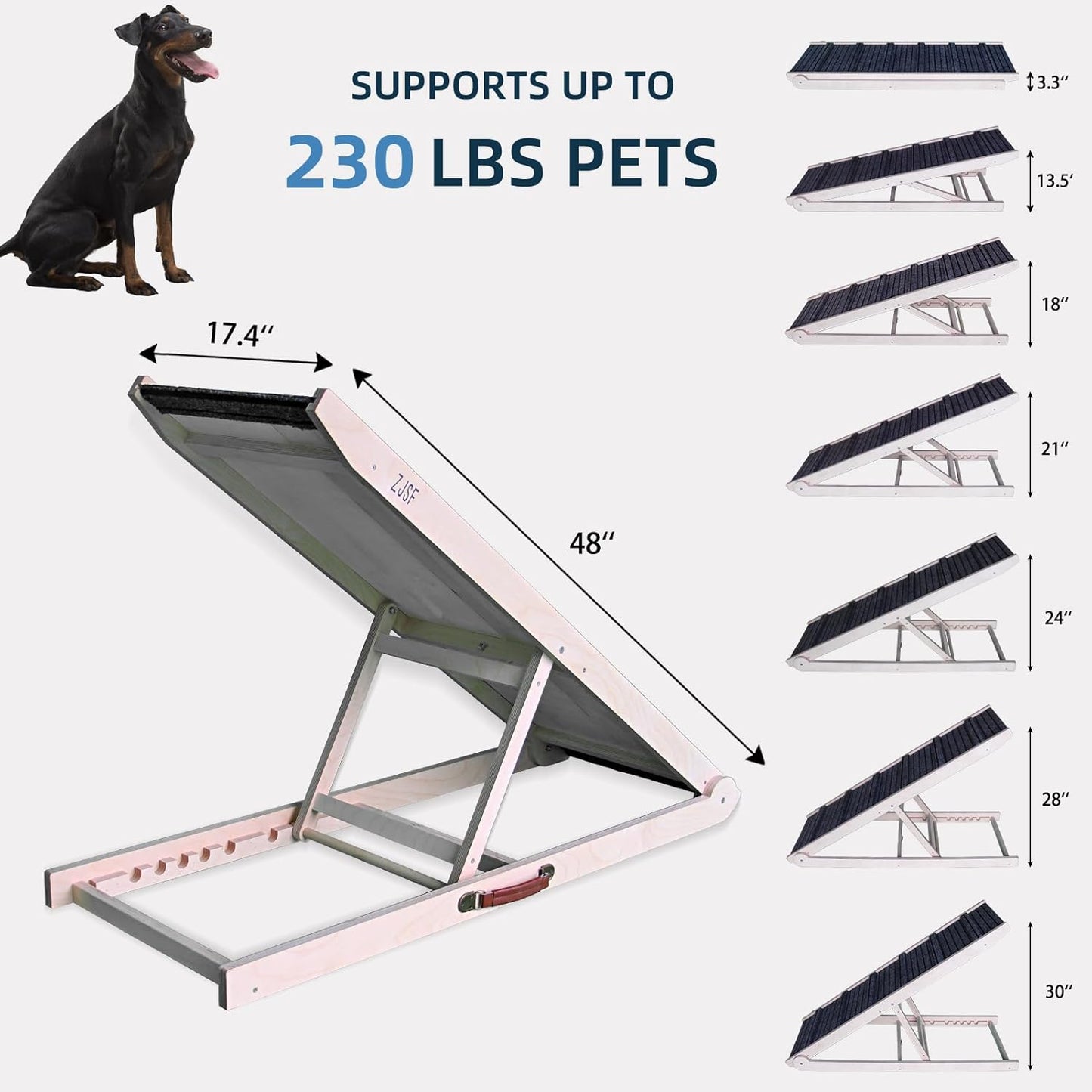 ZJSF Foldable Dog Ramp for High Bed, Wooden Dog Stairs to Bed for Small and Large Dogs, High Traction Platform with 6 Adjustable Heights (12.2"-26"), 39.7", Supports up to 230 lbs