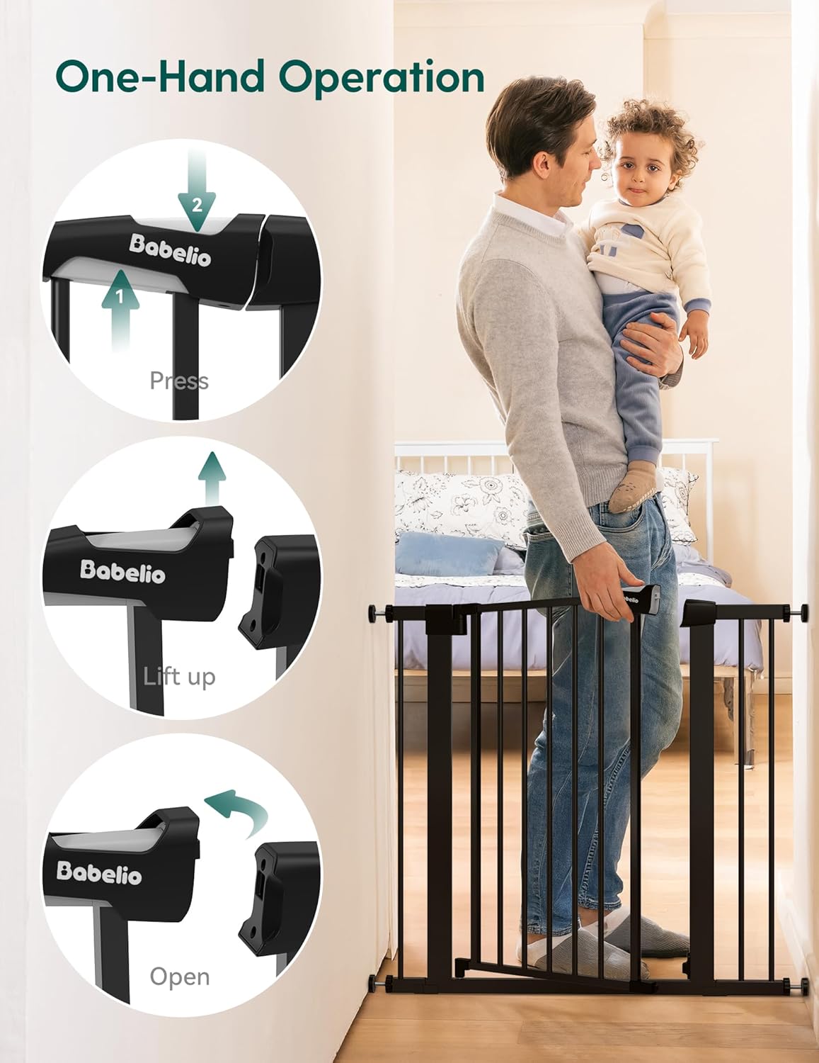 Babelio 29-55 Inch Extra Wide Baby/Dog Gate, PressGuard P7, Metal Auto Close, Pressure Mounted Pet Door for Doorways, NO Need Tools and Drilling, with Wall Cups, White