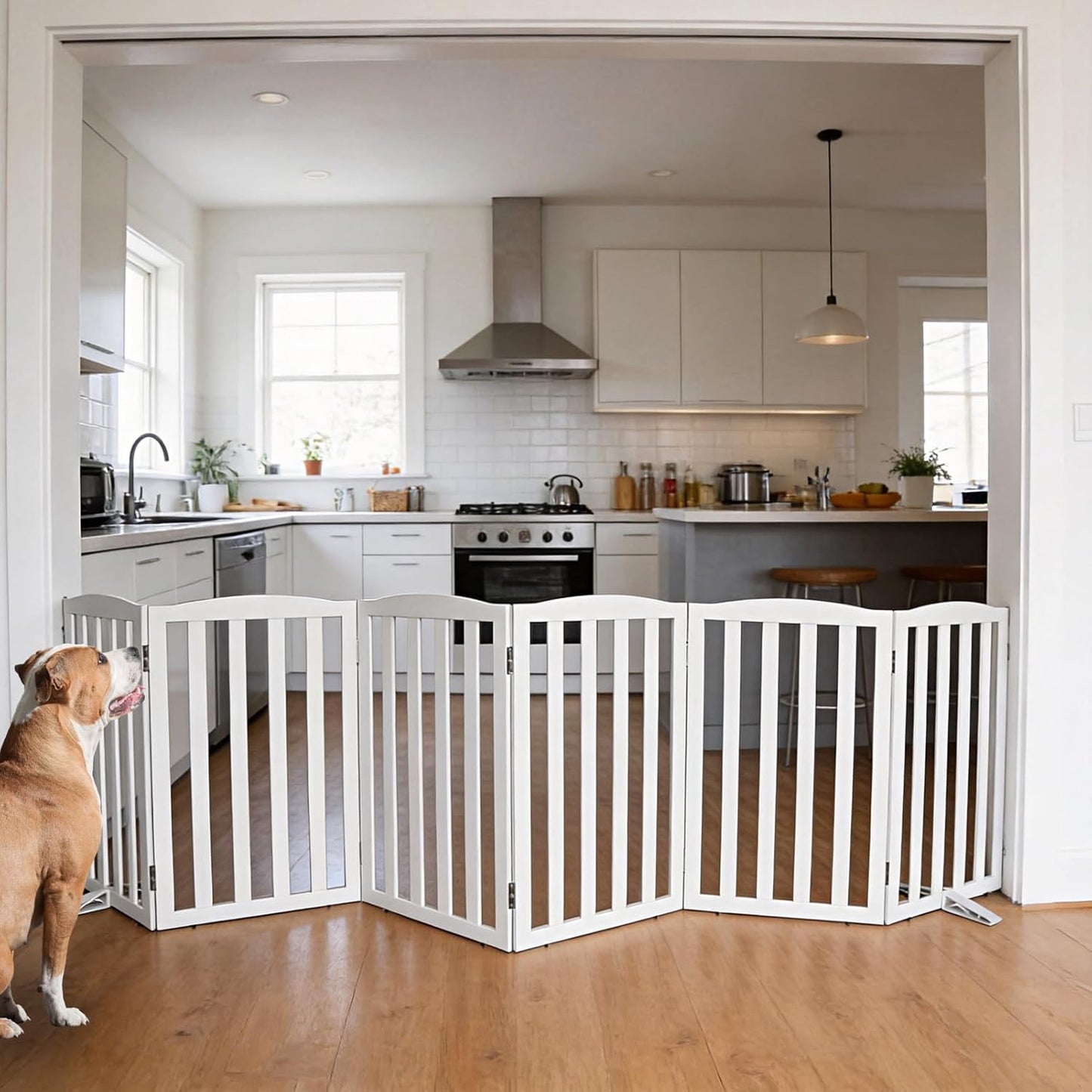 Freestanding Dog Gate Indoor,Doggie Gate Foldable Pet Gates for Doorways,Stairs or Hallways, Wooden Brown Pet Gate for the House, Pet Fence with Support Feet Included,24 "Height-3 Panels