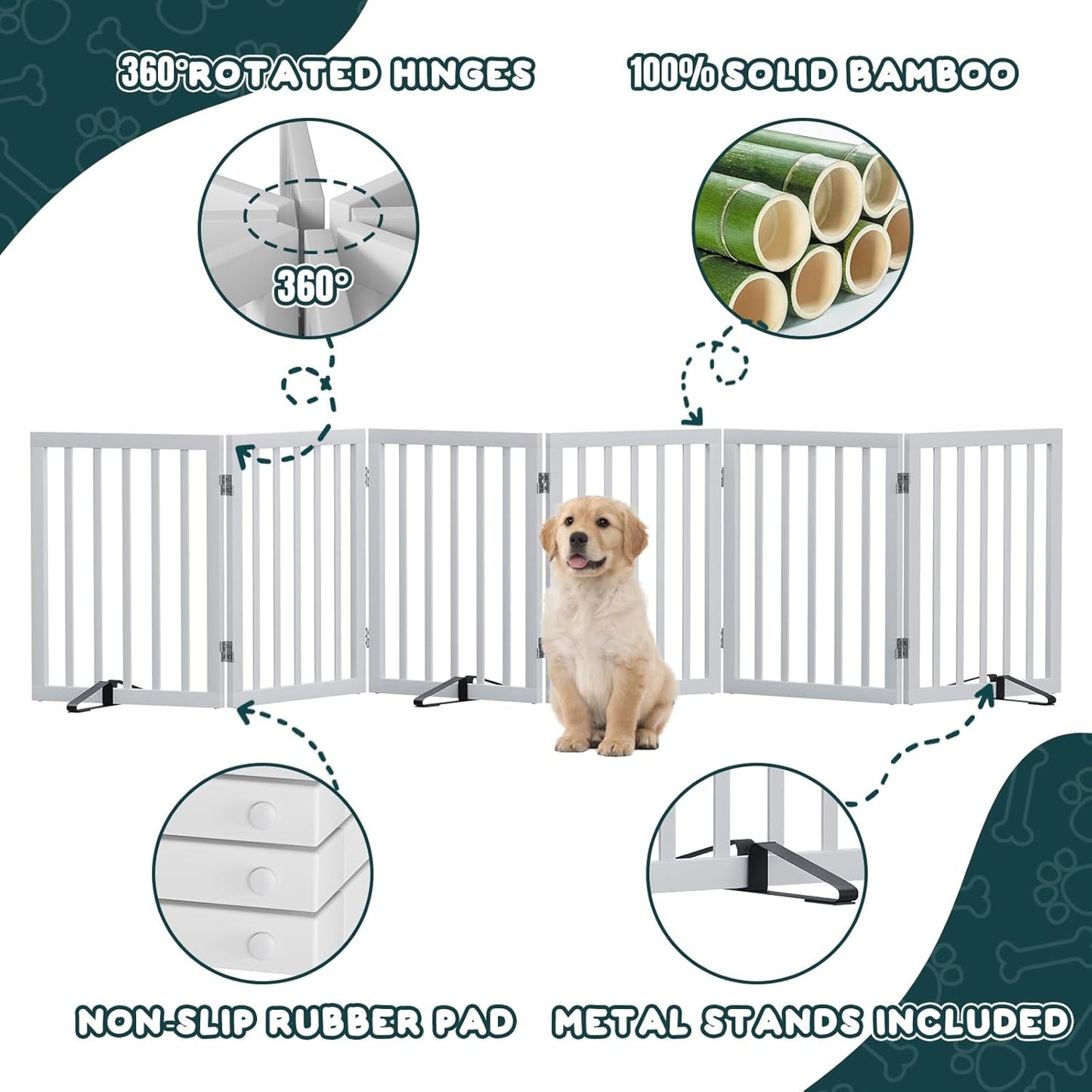 Freestanding Dog Gates Indoor, 3-Panel Pet Gates with 2 Metal Stands and 360° Hinge, 24" H Foldable Dog Gate for Stairs, Doorway, Kitchen, Expands Up to 55" Fully Assembled - Black Walnut