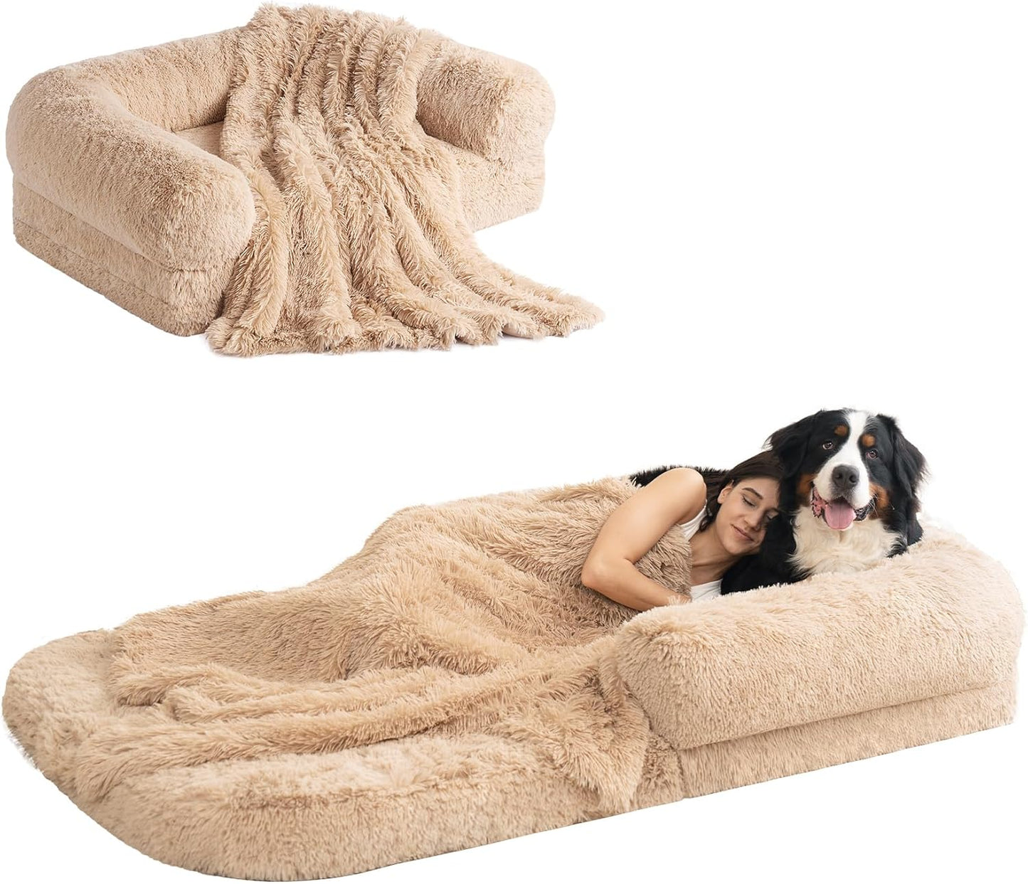 EHEYCIGA Foldable XXL Dog Bed for Large Sized Dog, 54"x38"x7.5" Faux Fur Fluffy Pet Couch Bed, Orthopedic Calming Memory Foam Big Pet Bed, Washable Pet Sofa Bed with Non-Slip Bottom, Dark Grey