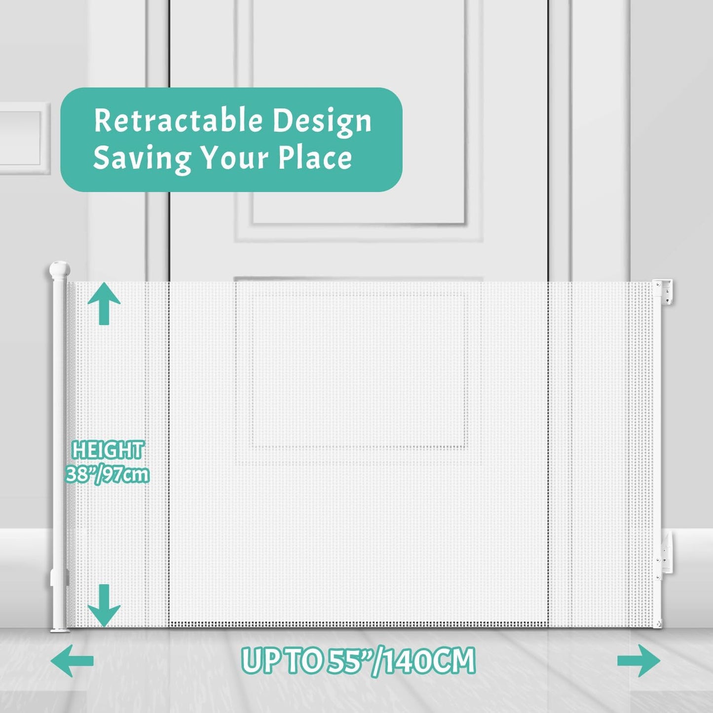 Retractable Baby Gate, Pet Gate for Stairs, Mesh Dog Gate for Doorways, Safety Locking Gates for Baby Indoor, Stair Gate for Outdoor, Hallways, Doorways (Black, 55 inch)