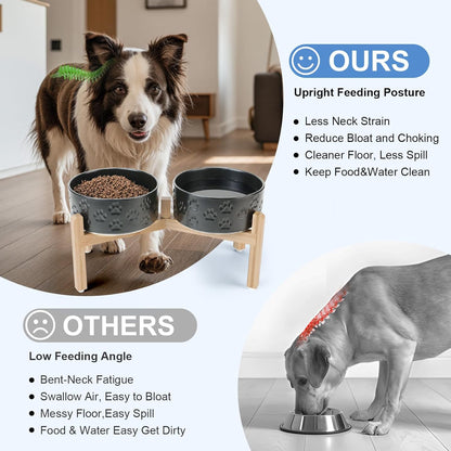 SPUNKYJUNKY Elevated Dog Bowls Ceramic, 6.1'' Dogs and Cat Food Water Bowls Raised with Non-Slip Bamboo Stand for Medium Sized Breed Microwave Dishwasher Safe - 28.7 OZ,Beige
