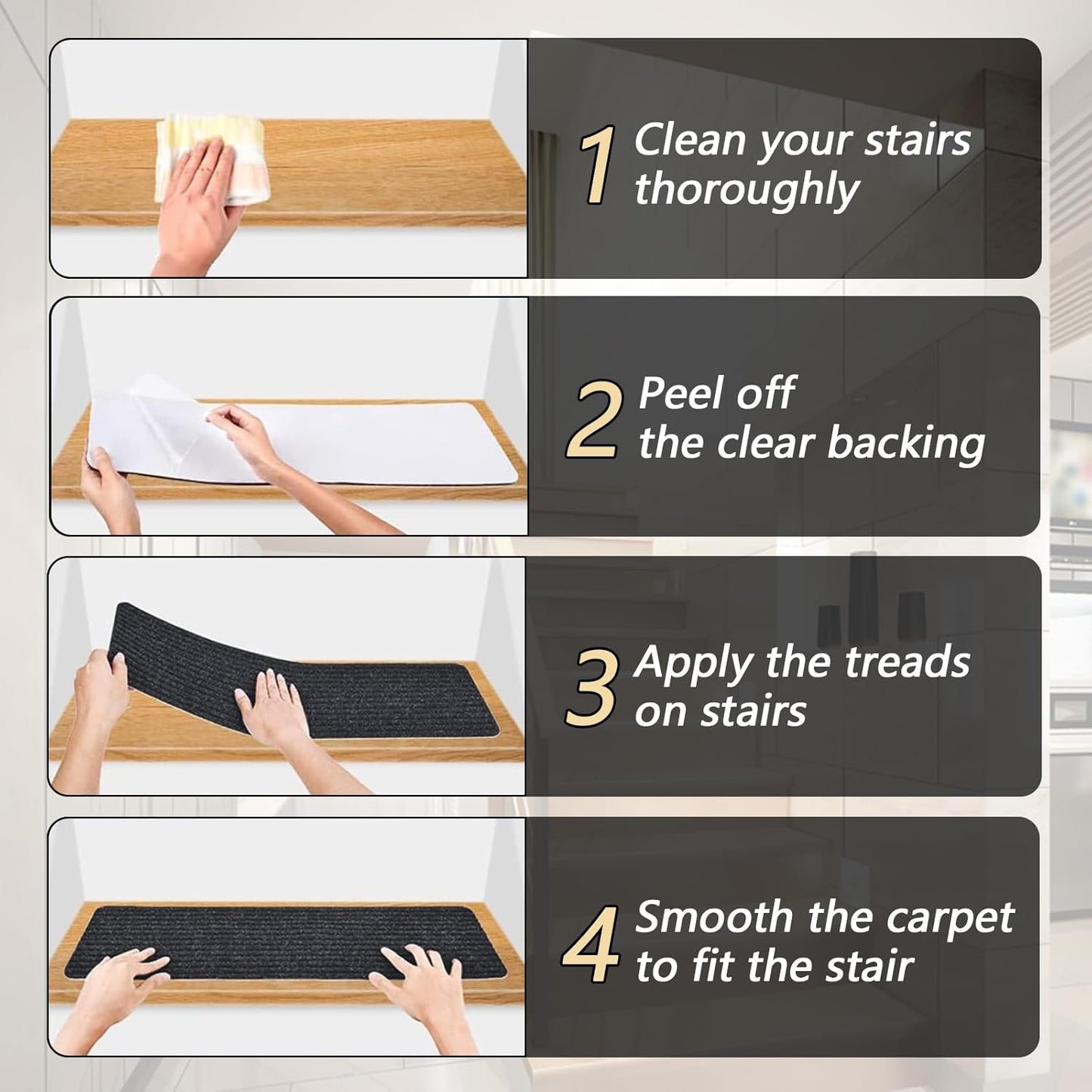 Stair Treads for Wooden Steps Carpet, Non-Slip Stair Runner Indoor Outdoor Stair Tread Mats Covers Pads, 19" x 31"Matching Landing Step Runner for Elders, Kids and Dogs (19" x 31", Black)