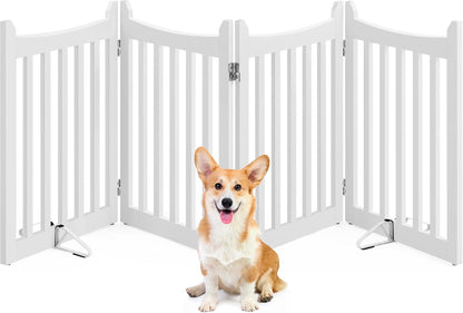 Yaheetech 36" H Extra Tall Freestanding Pet Gate 4-Panel Wooden Dog Fence with 2 Support Feet Folding Dog Gate for Indoor, Stairs, Doorways, Halls, Kitchen Wooden Pet Barrier White, 79.5" L x 36" H
