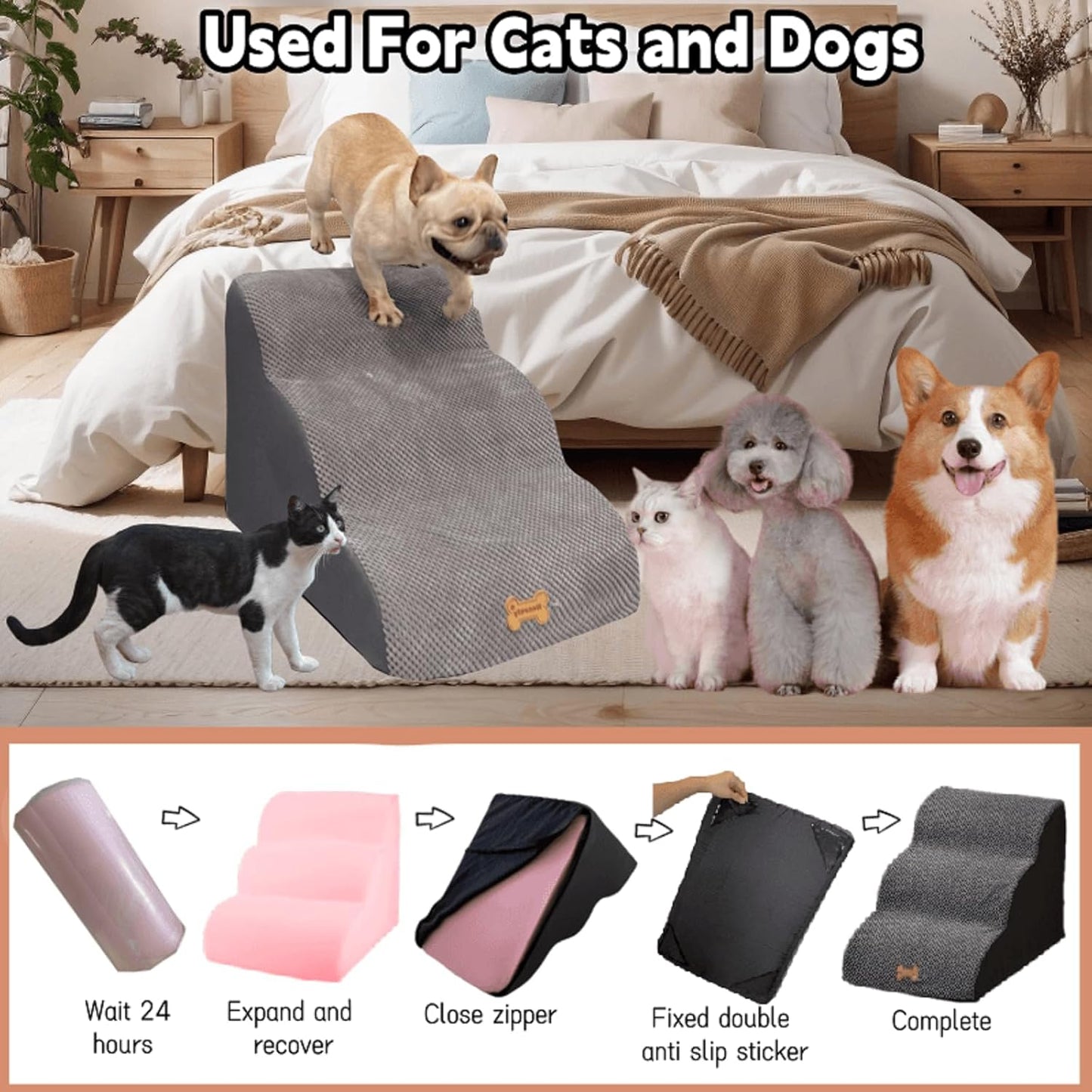 Necrely 4-Step Dog Stairs for High Beds 18-24 Inch Pet Steps 2 3 4 5 Tier Ladder Non-Slip Sturdy Ramp Small Medium Large Dog Steps to Couch Bed Old Dogs Balanced Pet Stairs for Getting on Bed