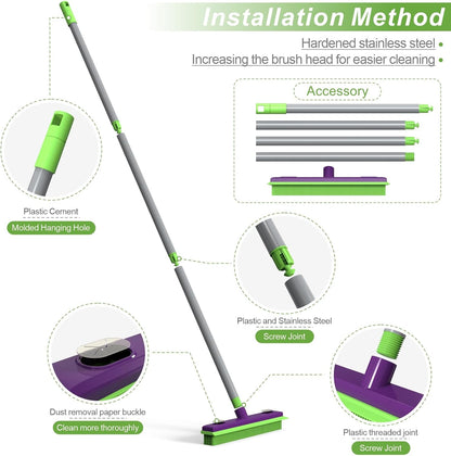 Rubber Broom Pet Hair Remover, Silicone Squeegee Brooms for Floor, Tile, Windows, Carpet Cleaning, 4-Section Pole up to 58 inches