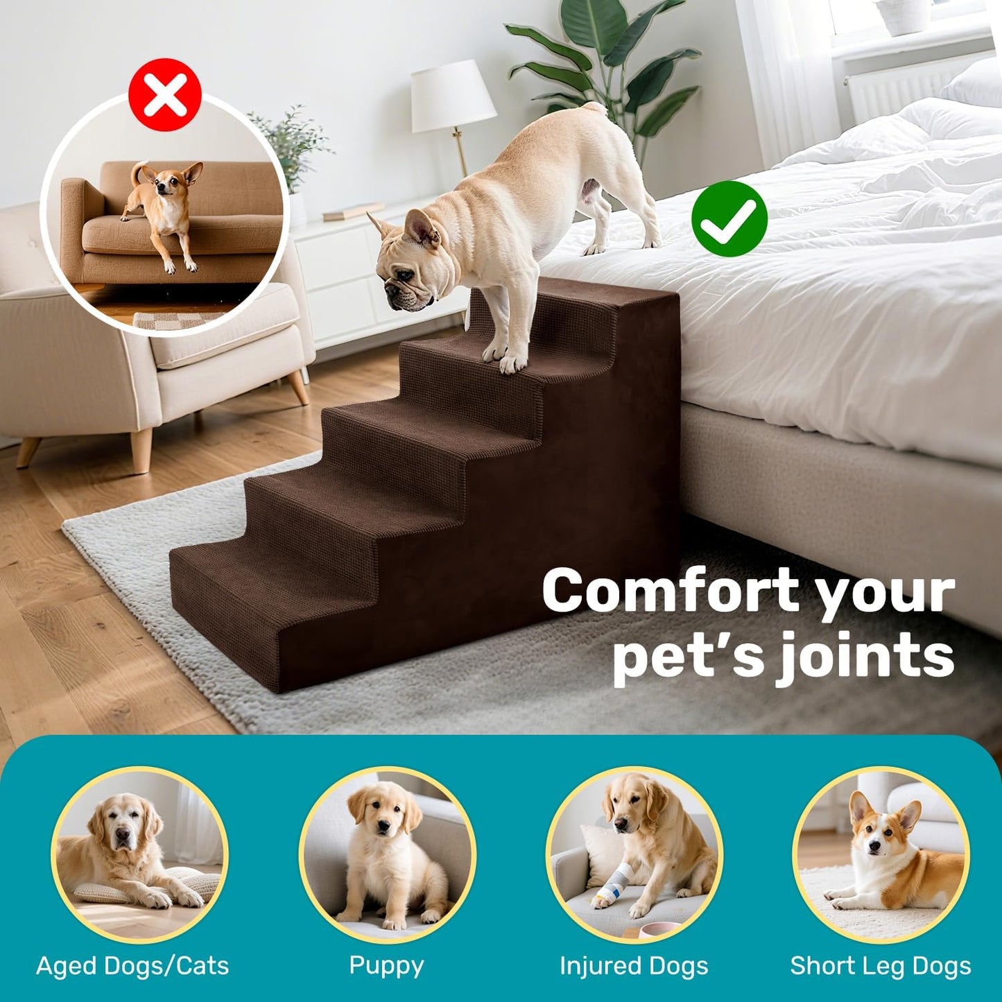 Dog Stairs for Bed, Extra Wide 5-Step Dog Steps for High Bed, High-Density Foam Pet Stairs with Non-Slip Removable Washable Cover for Small Pets, 23" H, Navy